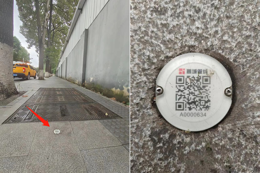 人行道上安裝的井蓋身份牌。成都市蓉城管線公司供圖