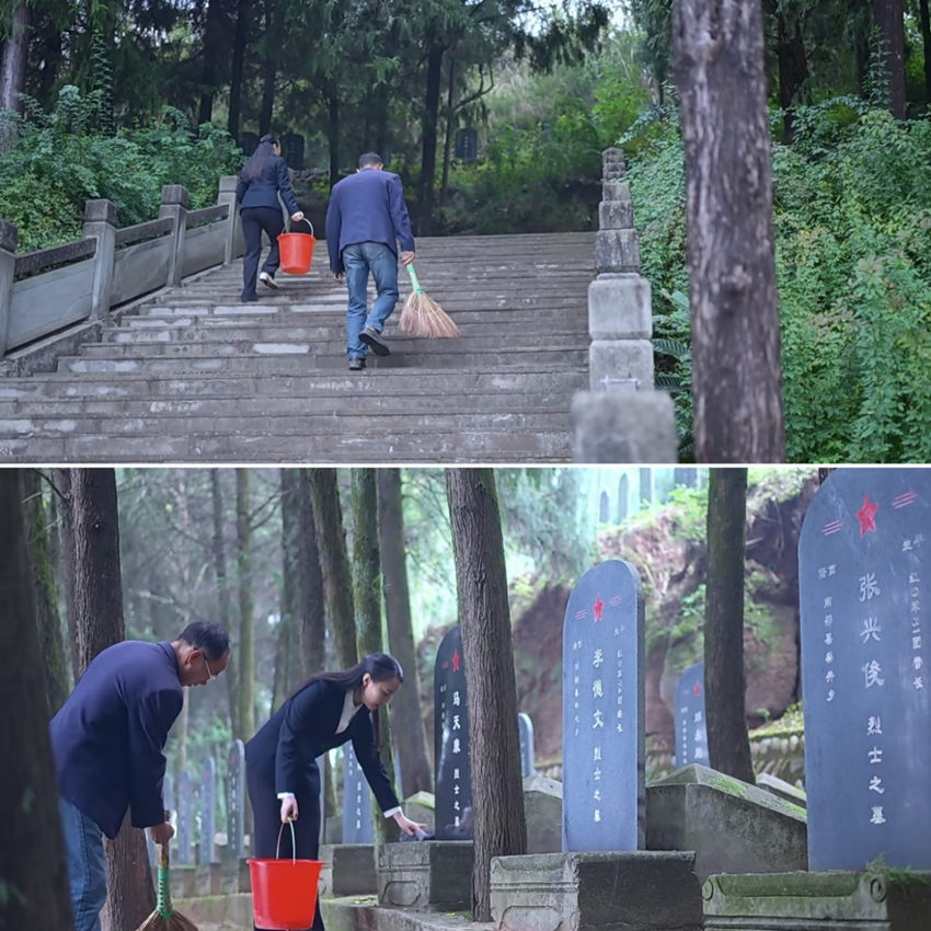 馮煉和父親為紅軍烈士掃墓。四川省軍區(qū)供圖