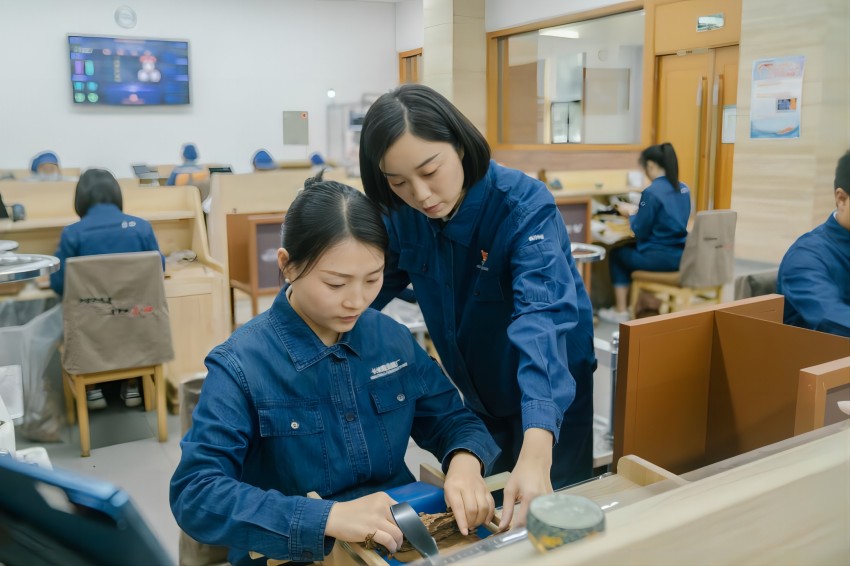 四川中煙長城雪茄廠手工車間卷制大師李秋月（右）正在對(duì)團(tuán)隊(duì)成員進(jìn)行指導(dǎo)。四川中煙工業(yè)有限責(zé)任公司供圖