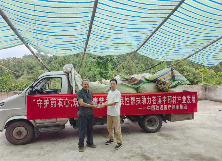 7月15日，四川天和藥業(yè)晉攀浪（右一）付收購金給藥農(nóng)李在華（左一）。中國(guó)融通醫(yī)療健康集團(tuán)供圖