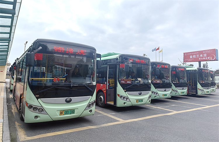 停放整齊的公交車。