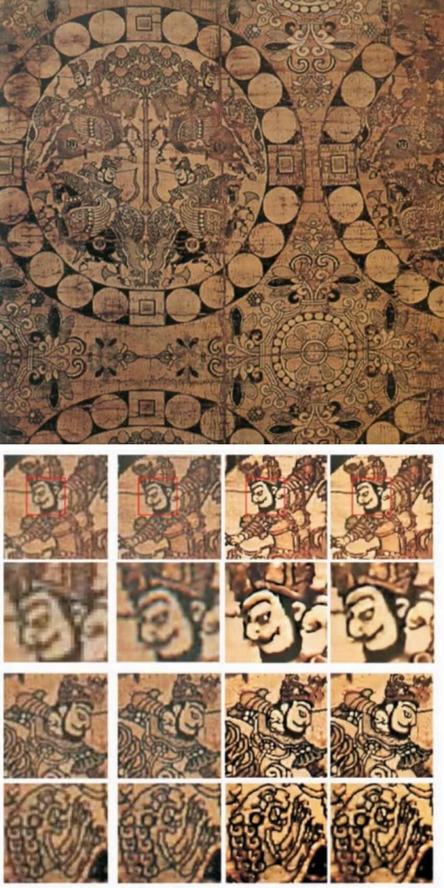 “四天王狩獅紋錦”用不同方法還原的結(jié)果。第四列為四川省絲綢科學研究院復(fù)原的結(jié)果。受訪者供圖
