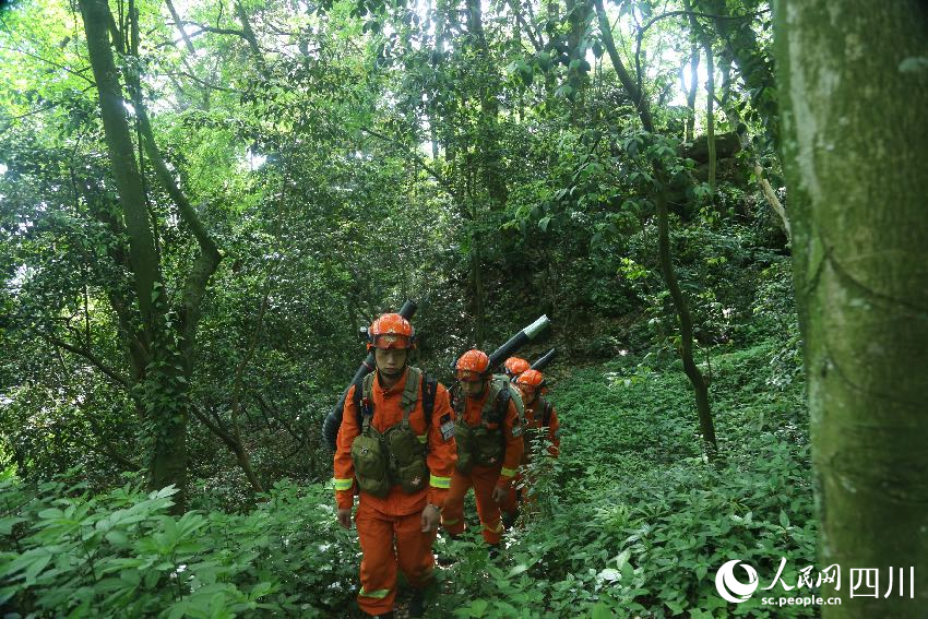5月1日，林區(qū)深處，消防員們正在巡護火情火點。程雪力攝
