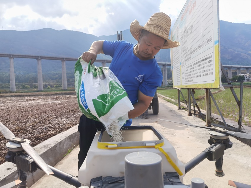 村民正在向無人機添裝肥料。德昌縣委宣傳部供圖