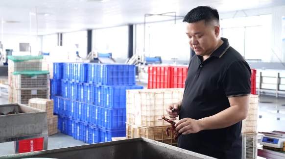 鄒富文查看小龍蝦。